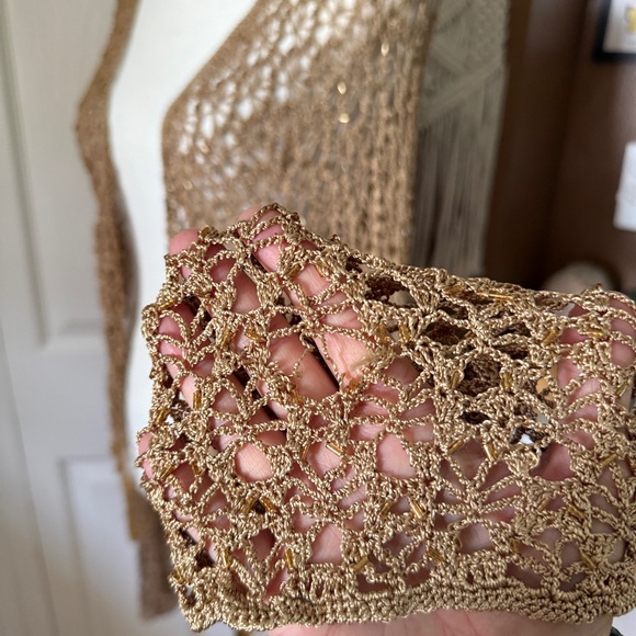 NY Collection Gold Crochet Fringe Beaded Open Cardigan / Size 2x - Picture 7 of 12